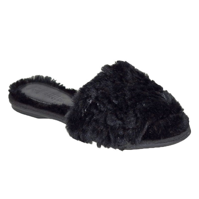 Valentina belle-fluffy slide black sequins flat slippers