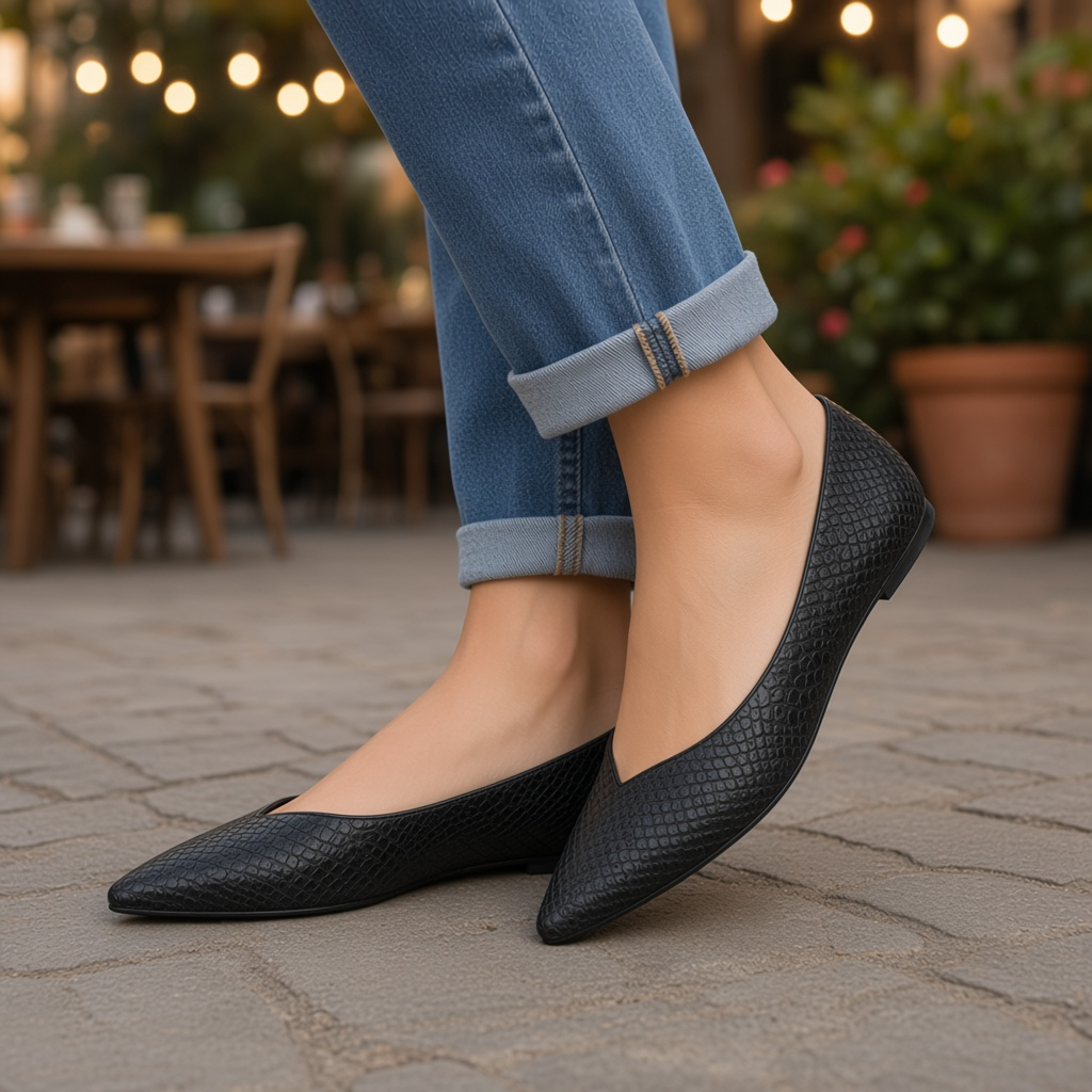 Carrano Camila Leather Flat Snake Skin Embossed - Black