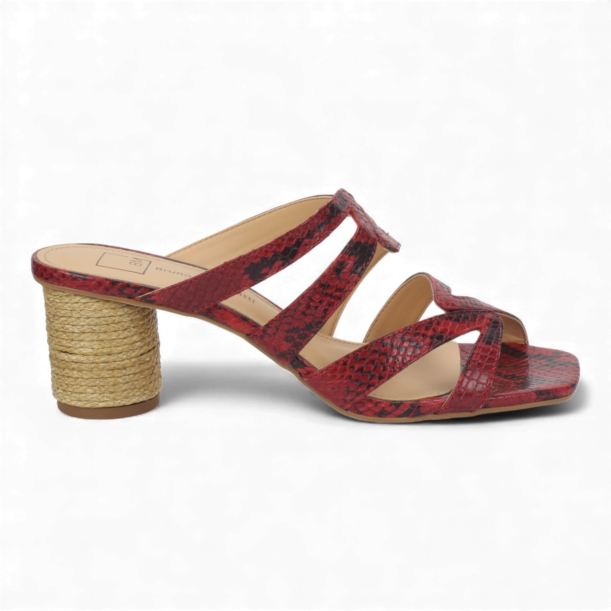 Bruno Menegatti Slide Mule Sandals Leather, Snake Imprint - Red Multi